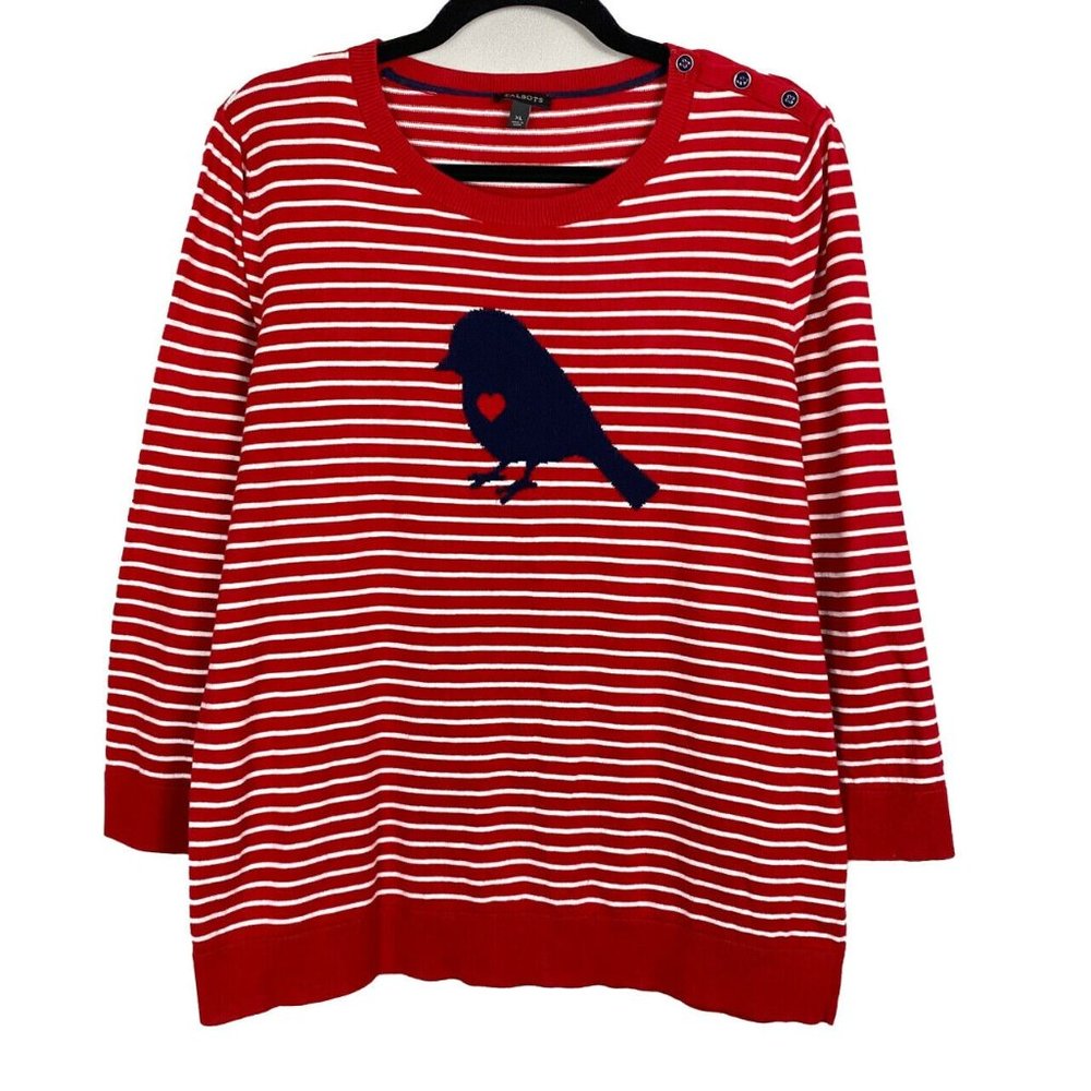 Talbots Pullover Sweater Love Bird Red White Stripe Cotton Blend Women’s XL